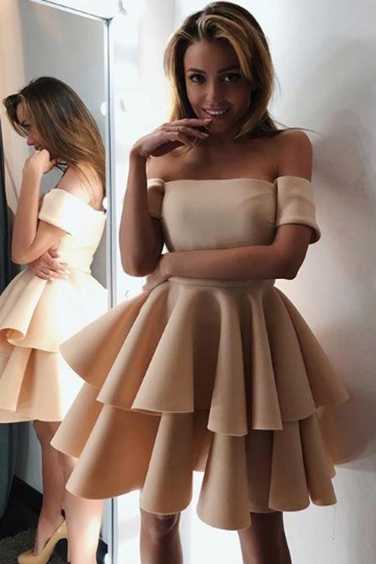 Mini Short A-line Off the Shoulder Above Knee Short Sleeve Prom Dress Cocktail Dresses H1018