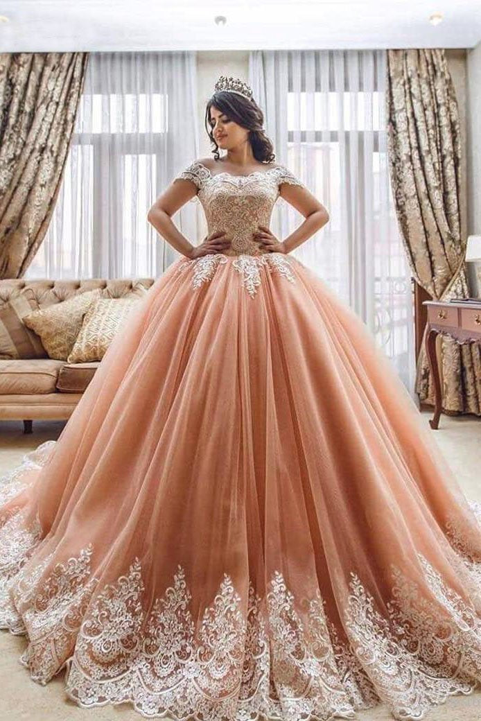 Off the Shoulder Ball Gowns Prom Dresses Lace Appliques Tulle Pink Quinceanera Dresses RS550