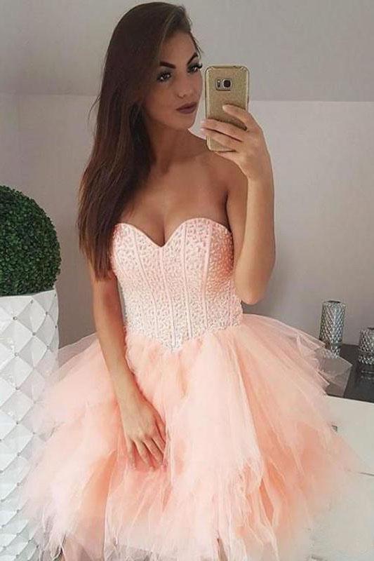 Peach Pink Strapless Sweetheart Homecoming Dresses Beaded Tulle Formal Dresses H1236