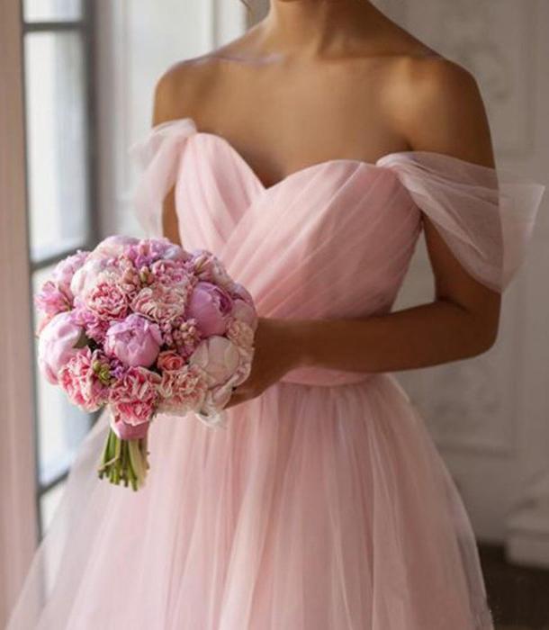 Pink Off the Shoulder Tulle Sweetheart Short Bridesmaid Dresses Homecoming Dresses H1258
