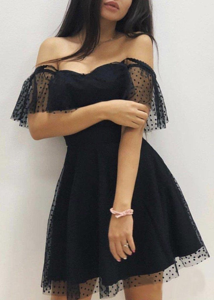 Pink Polka Dot Off the Shoulder Homecoming Dresses Sweetheart Neck Mini Hoco Dress H1041