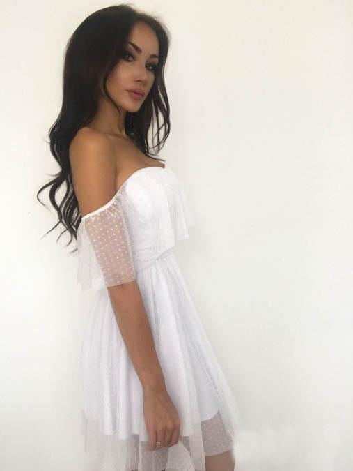 Pink Polka Dot Off the Shoulder Homecoming Dresses Sweetheart Neck Mini Hoco Dress H1041