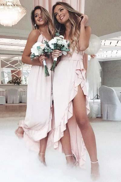 Pink Spaghetti Straps Sweetheart High Low Prom Dresses Chiffon Bridesmaid Dresses BD1016