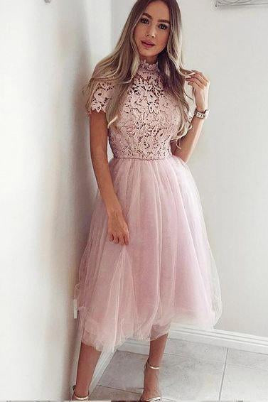 Pink Tea Length Tulle High Neck Short Sleeve Homecoming Dresses Short Prom Dress H1031