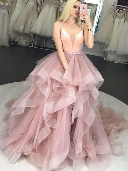 Pink Tulle Spaghetti Straps Ruffles Ball Gown Prom Dresses V Neck Long Evening Dresses P1081