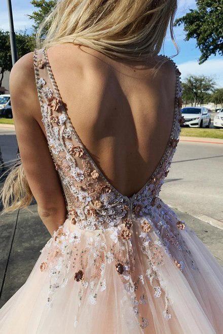 Pink Tulle V Neck Backless Appliques Long Prom Dresses Beads Cheap Party Dresses P1085