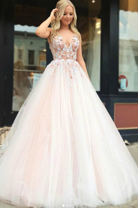Pink Tulle V Neck Backless Appliques Long Prom Dresses Beads Cheap Party Dresses P1085