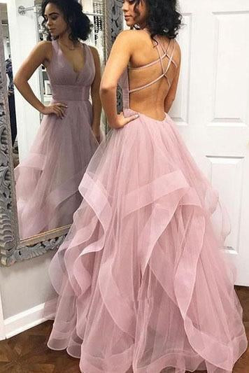 Pink Tulle V Neck Criss Cross Ruffles Long Prom Dress Cheap Evening Dresses RS599