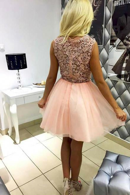Pink Tulle V Neck Homecoming Dresses with Lace Short Straps Cocktail Party Dresses H1120