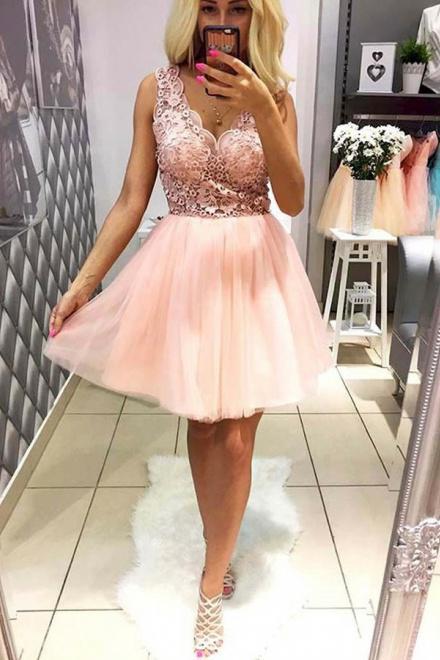 Pink Tulle V Neck Homecoming Dresses with Lace Short Straps Cocktail Party Dresses H1120