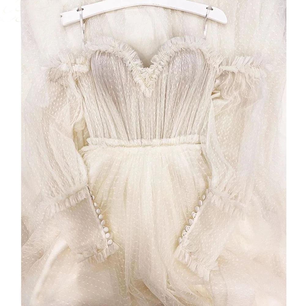 Ivory Tulle Off the Shoulder Bride Dress Simple Long Puffy Sleeves Wedding Gown