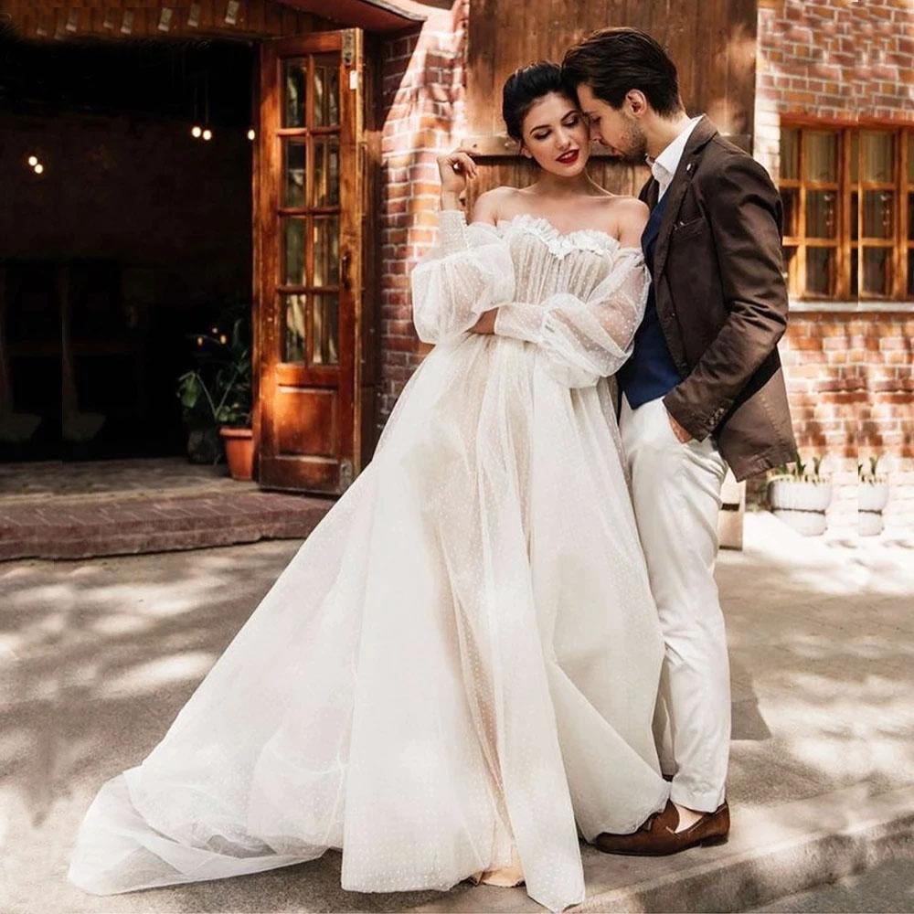 Ivory Tulle Off the Shoulder Bride Dress Simple Long Puffy Sleeves Wedding Gown