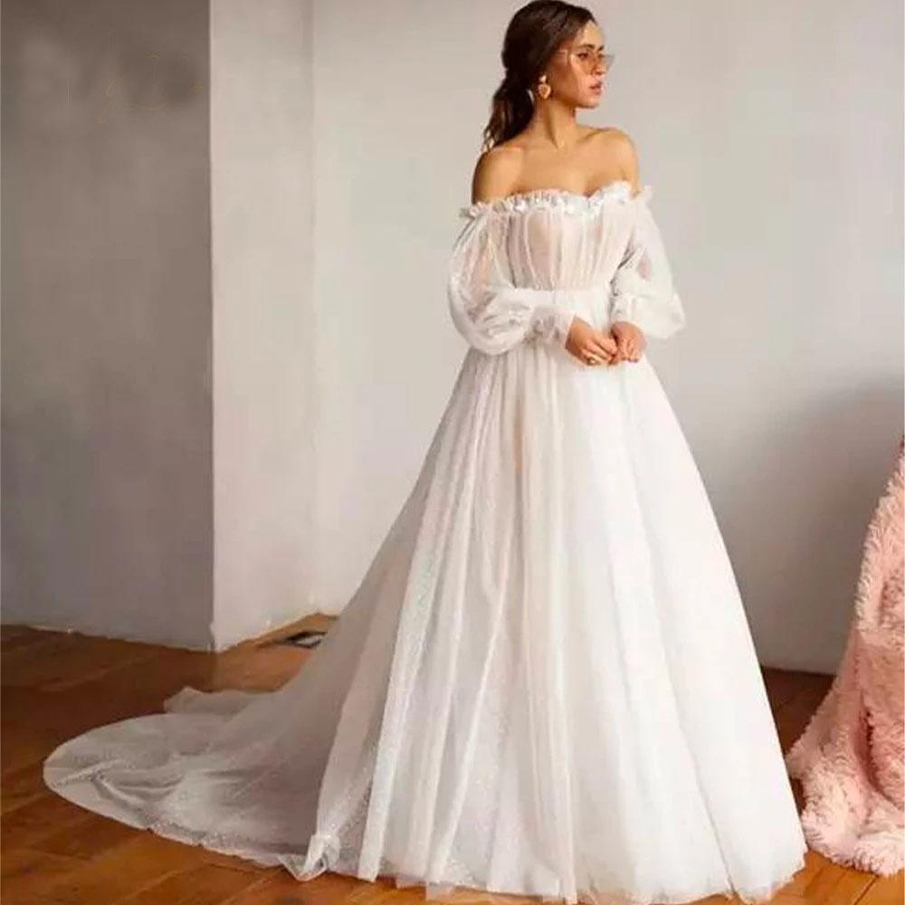 Ivory Tulle Off the Shoulder Bride Dress Simple Long Puffy Sleeves Wedding Gown