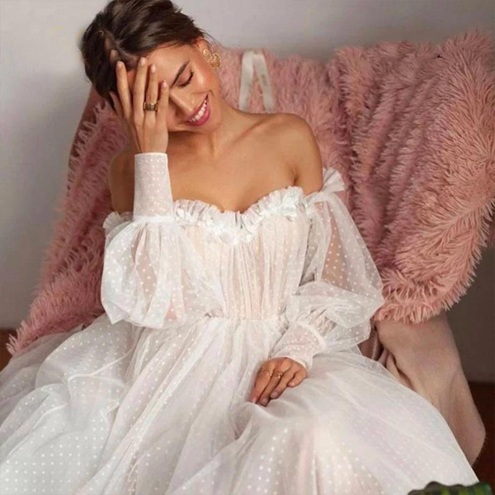 Ivory Tulle Off the Shoulder Bride Dress Simple Long Puffy Sleeves Wedding Gown