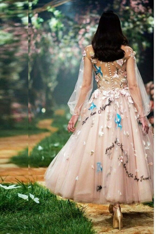 Princess A-Line Long Sleeve Blush Pink Tulle Prom Dresses with Embroidery Homecoming Dress H1135