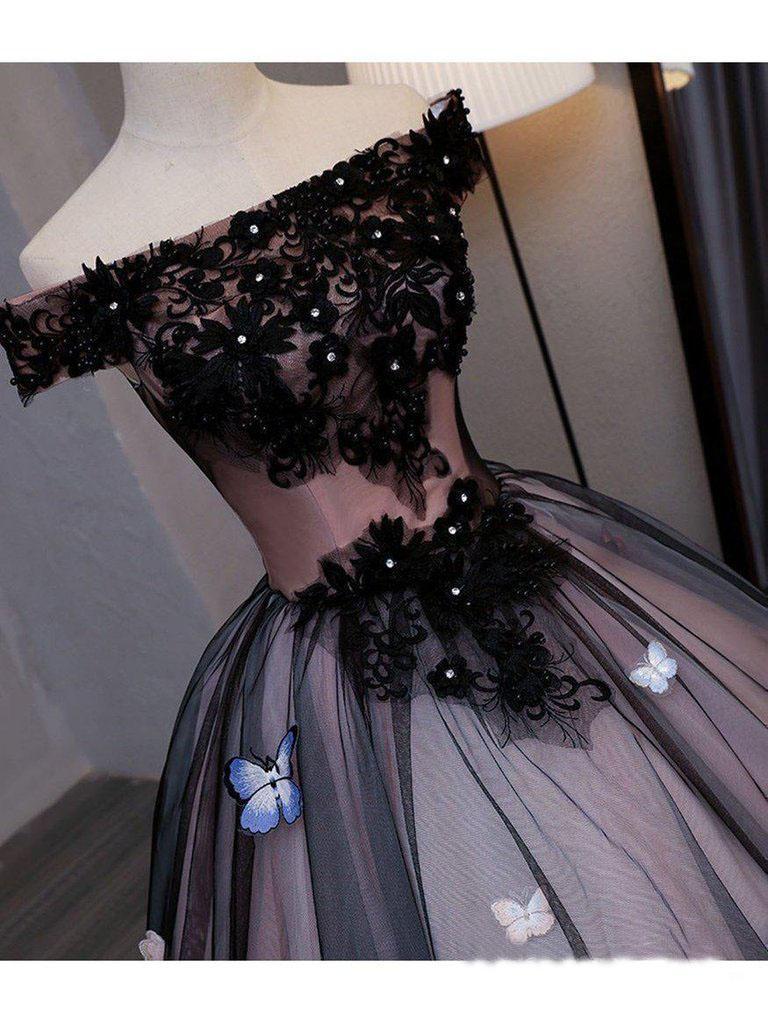 Princess Black Off the Shoulder Butterfly Appliqued Prom Dresses Quinceanera Dresses RS886