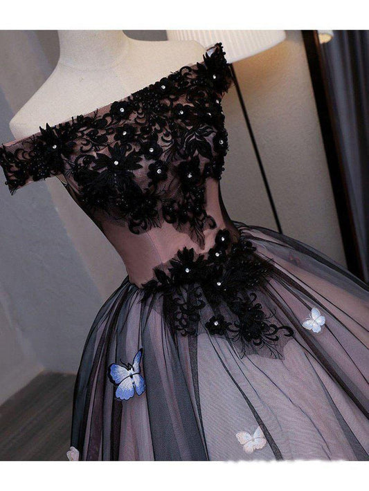 Princess Black Off the Shoulder Butterfly Appliqued Prom Dresses Quinceanera Dresses RS886