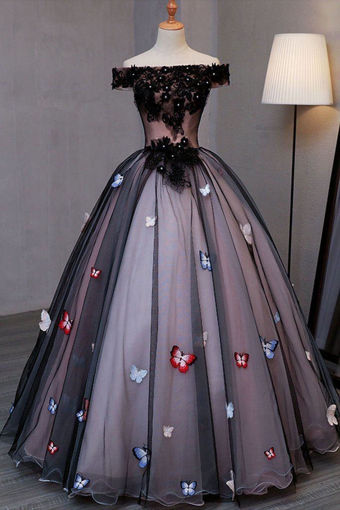 Princess Black Off the Shoulder Butterfly Appliqued Prom Dresses Quinceanera Dresses RS886