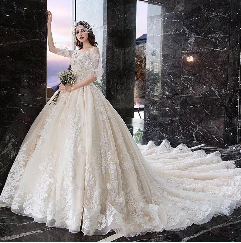 Princess Half Sleeve Ball Gown Wedding Dresses Appliques V Neck Bridal Dresses RS774