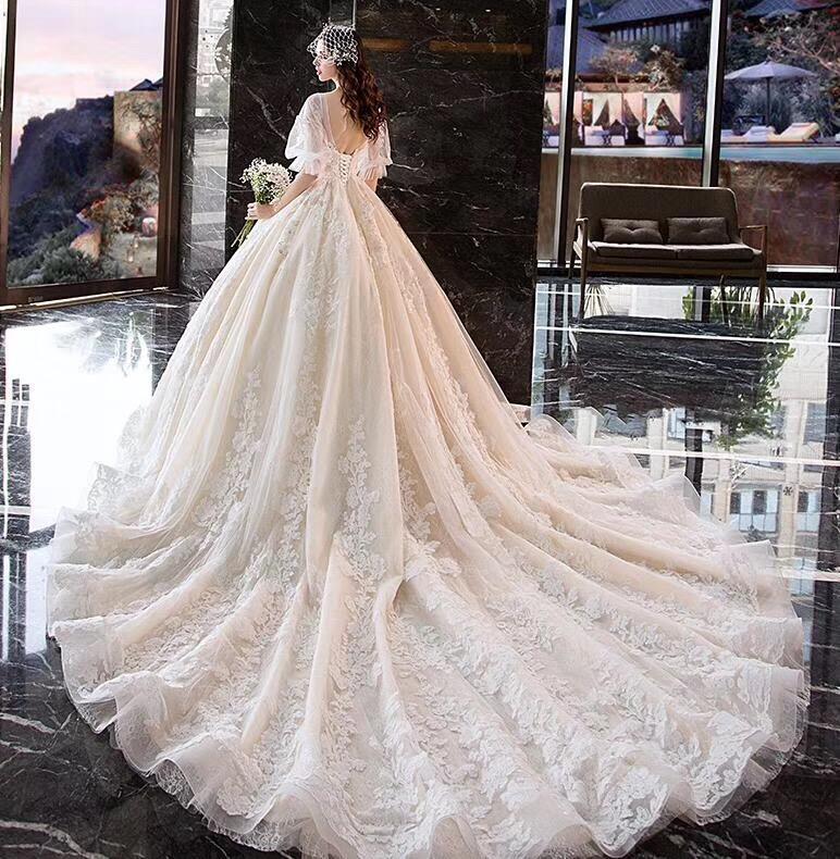 Princess Half Sleeve Ball Gown Wedding Dresses Appliques V Neck Bridal Dresses RS774