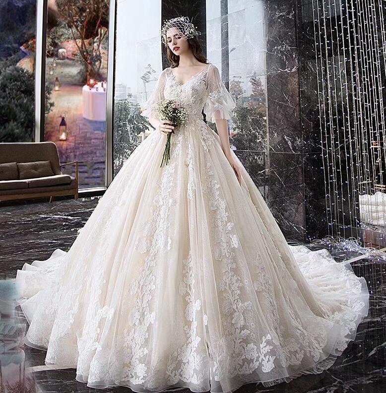 Princess Half Sleeve Ball Gown Wedding Dresses Appliques V Neck Bridal Dresses RS774