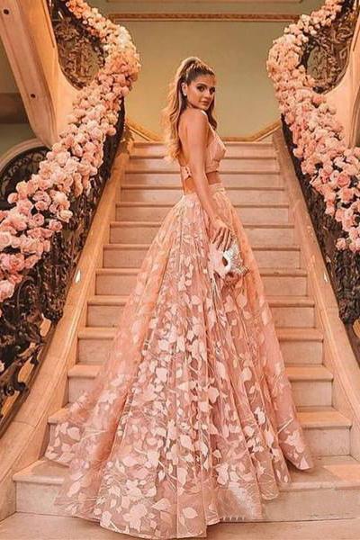 Princess Halter Backless Pink Lace Prom Dresses Two Piece Floral Formal Dress RS438