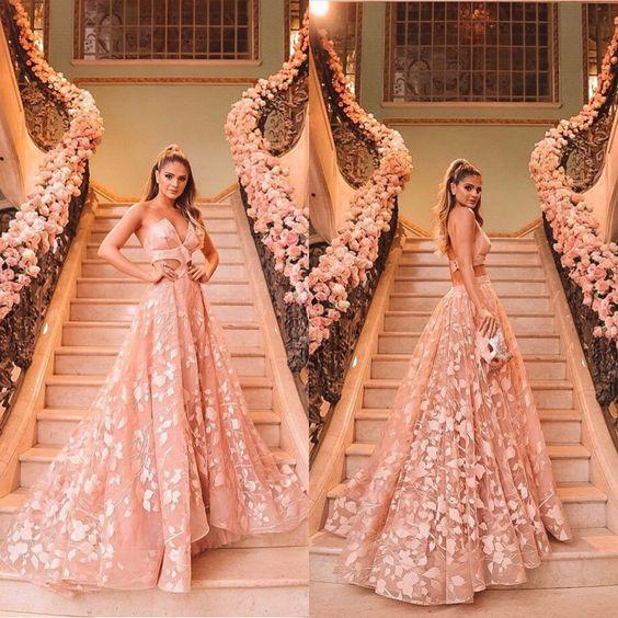 Princess Halter Backless Pink Lace Prom Dresses Two Piece Floral Formal Dress RS438