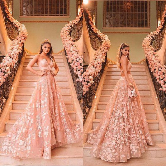 Princess Halter Backless Pink Lace Prom Dresses Two Piece Floral Formal Dress RS438