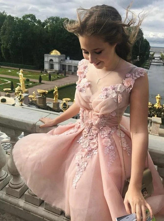 Princess Pearl Pink Tulle A-Line V Neck Floral Applique Short Cocktail Dress Homecoming Dress H1119