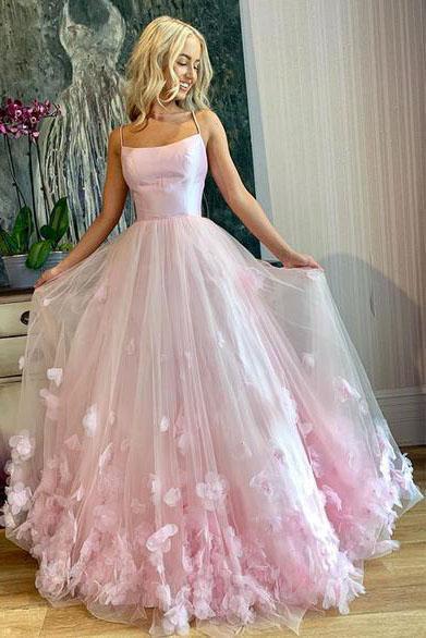 Princess Pink Spaghetti Straps Prom Dresses Scoop Long Cheap Dance Dress with Flowers P1058
