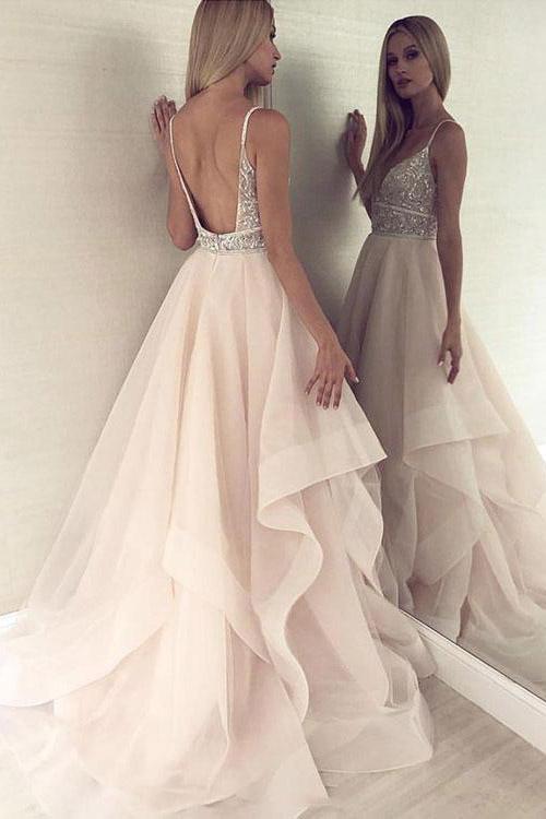 Princess Spaghetti Straps V Neck Tulle Beads Backless Pink Prom Dresses Evening Dresses P1022