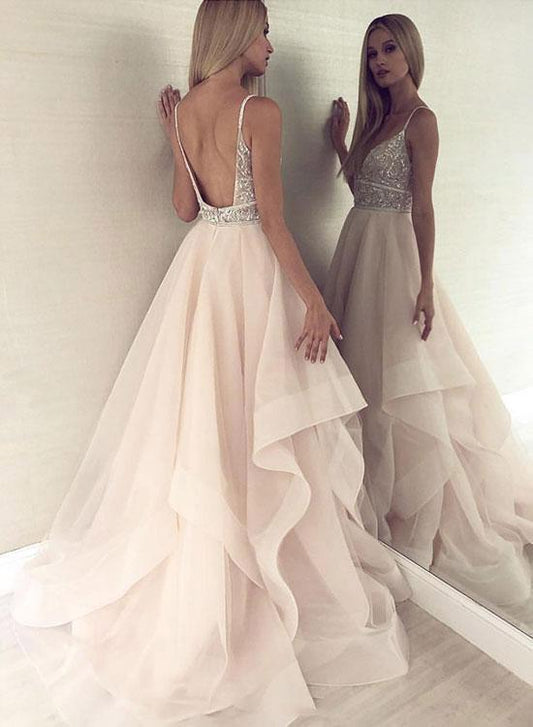 Princess Spaghetti Straps V Neck Tulle Beads Backless Pink Prom Dresses Evening Dresses P1022