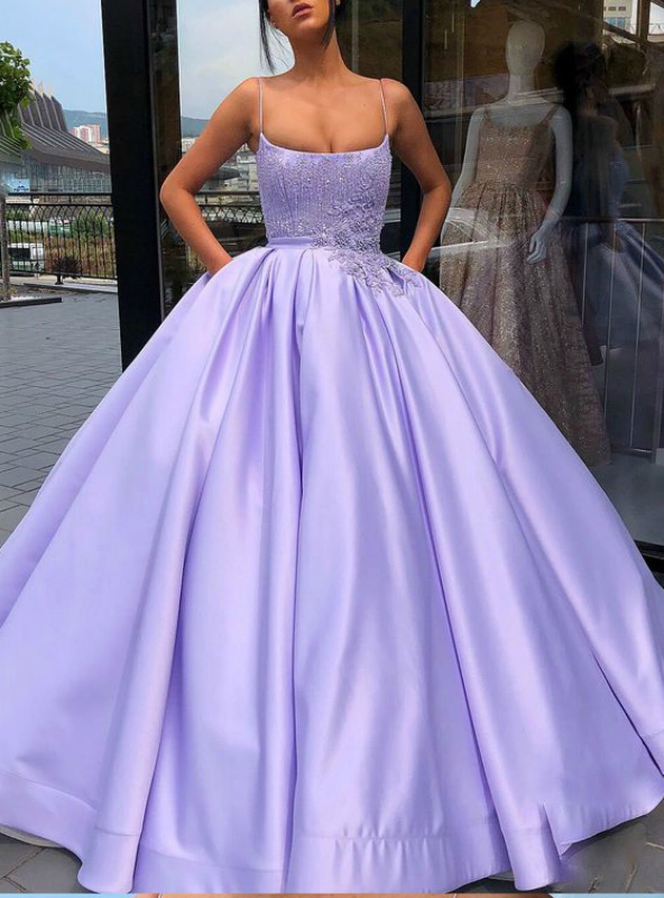 Purple Ball Gown Spaghetti Straps Satin Sweet 16 Dress With Pocket Quinceanera Dress P1108