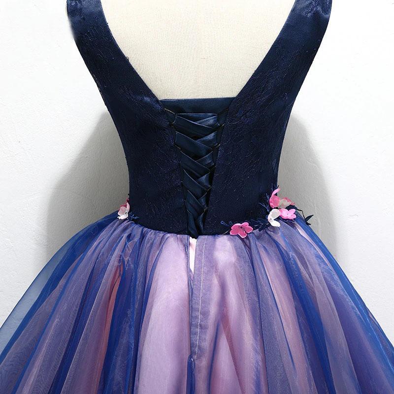 Purple Tulle V Neck Straps Lace up Homecoming Dresses with 3D Flowers Dance Dresses H1234