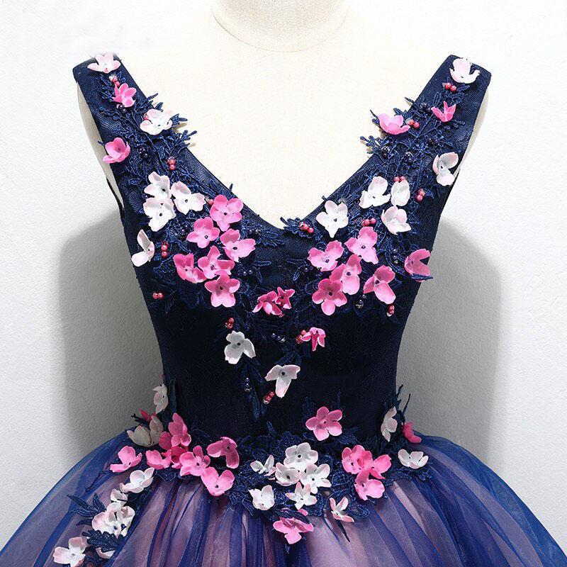 Purple Tulle V Neck Straps Lace up Homecoming Dresses with 3D Flowers Dance Dresses H1234