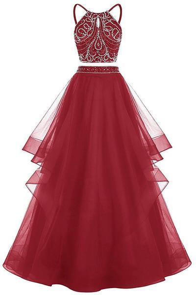 Red tulle two pieces sequins A-line long evening dress���prom dress