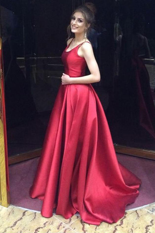 Red A-Line Long Simple Satin Open Back Sleeveless Evening Dress Prom Dresses RS507