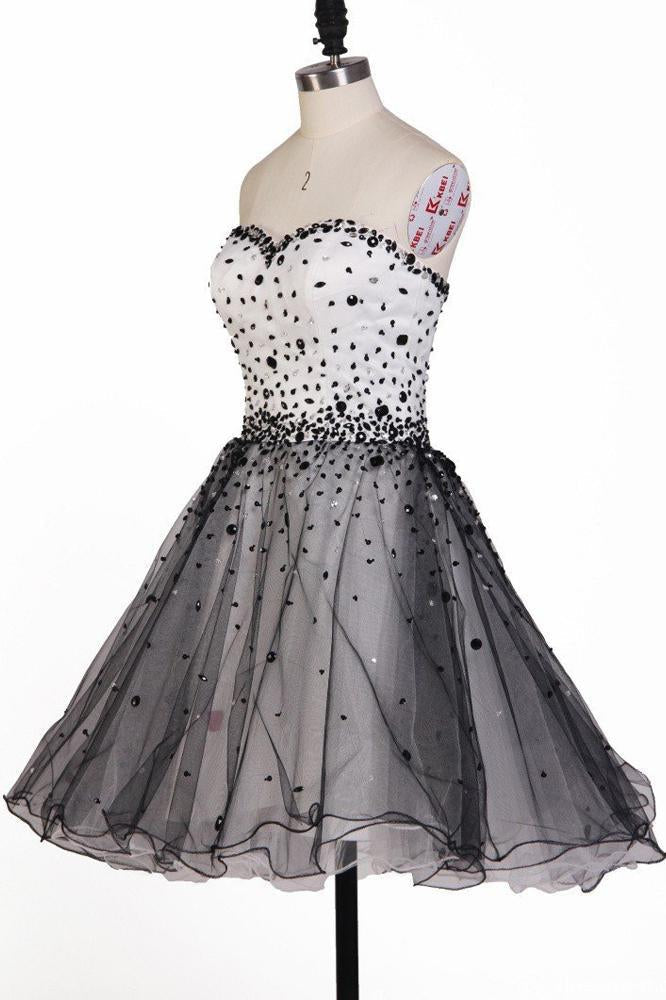 Romantic A Line Sweetheart Open Back Beaded Tulle Short Homecoming Dresses RS935
