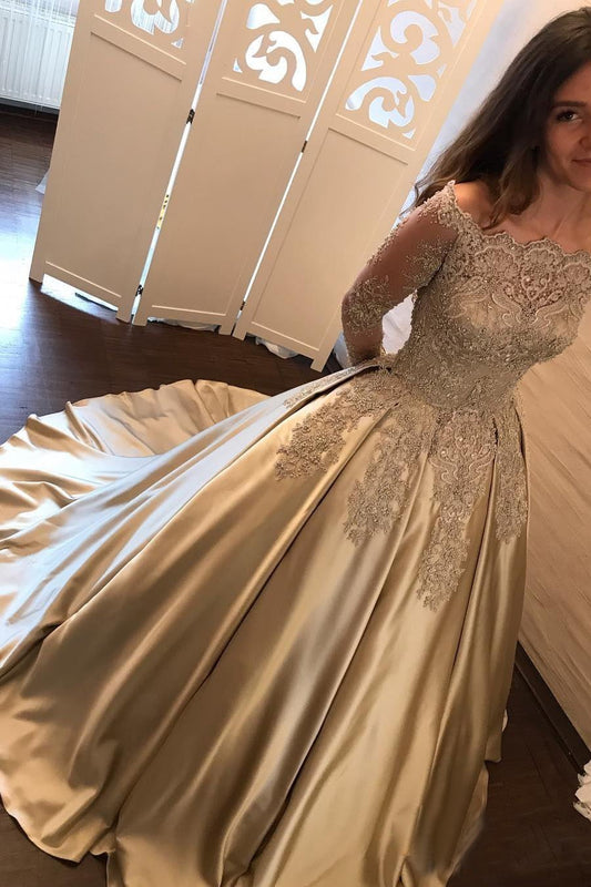 Satin Ball Gown Gold Long Sleeves Scoop Lace Appliques Beads Floor Length Prom Dresses RS771