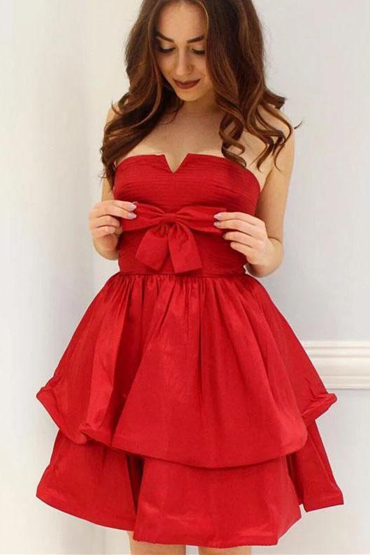 Red A-Line Strapless Bowknot Short Prom Dress Satin Party Dress Homecoming Dresses H1246