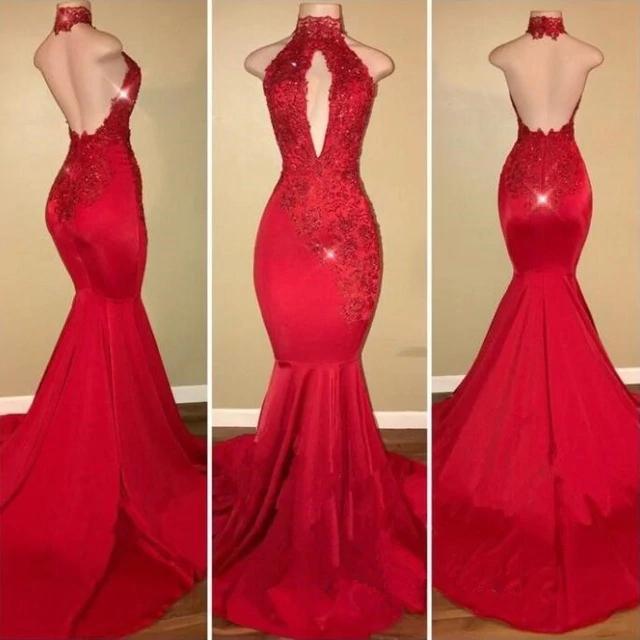 Red Mermaid High Neck Backless Satin Prom Dresses Long Cheap Evening Dresses RS909