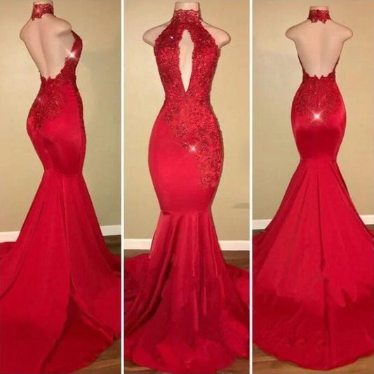 Red Mermaid High Neck Backless Satin Prom Dresses Long Cheap Evening Dresses RS909