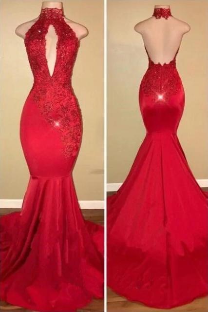 Red Mermaid High Neck Backless Satin Prom Dresses Long Cheap Evening Dresses RS909