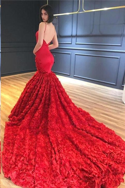 Red Mermaid Prom Dresses Spaghetti Straps V Neck Trumpet Rose Lace Evening Dresses P1044