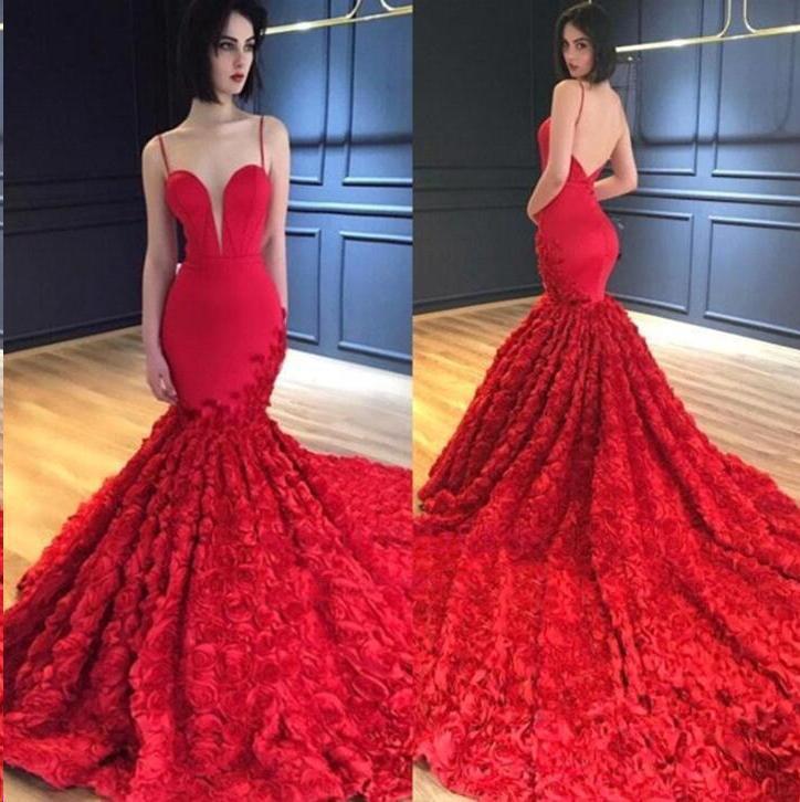 Red Mermaid Prom Dresses Spaghetti Straps V Neck Trumpet Rose Lace Evening Dresses P1044