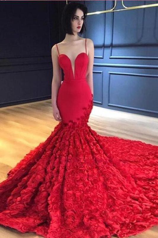Red Mermaid Prom Dresses Spaghetti Straps V Neck Trumpet Rose Lace Evening Dresses P1044