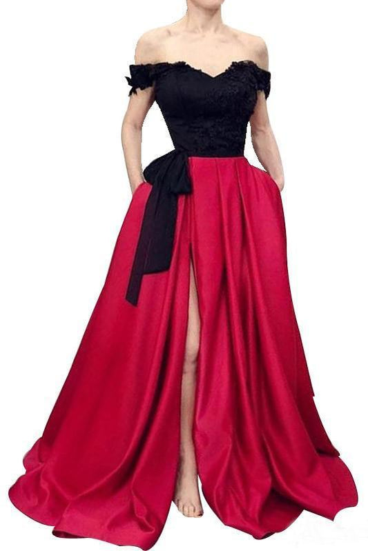 Red Off the Shoulder Satin Black Appliques V Neck Prom Dresses with Split Pockets RS646