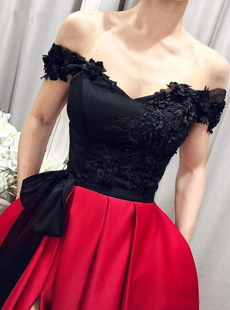 Red Off the Shoulder Satin Black Appliques V Neck Prom Dresses with Split Pockets RS646