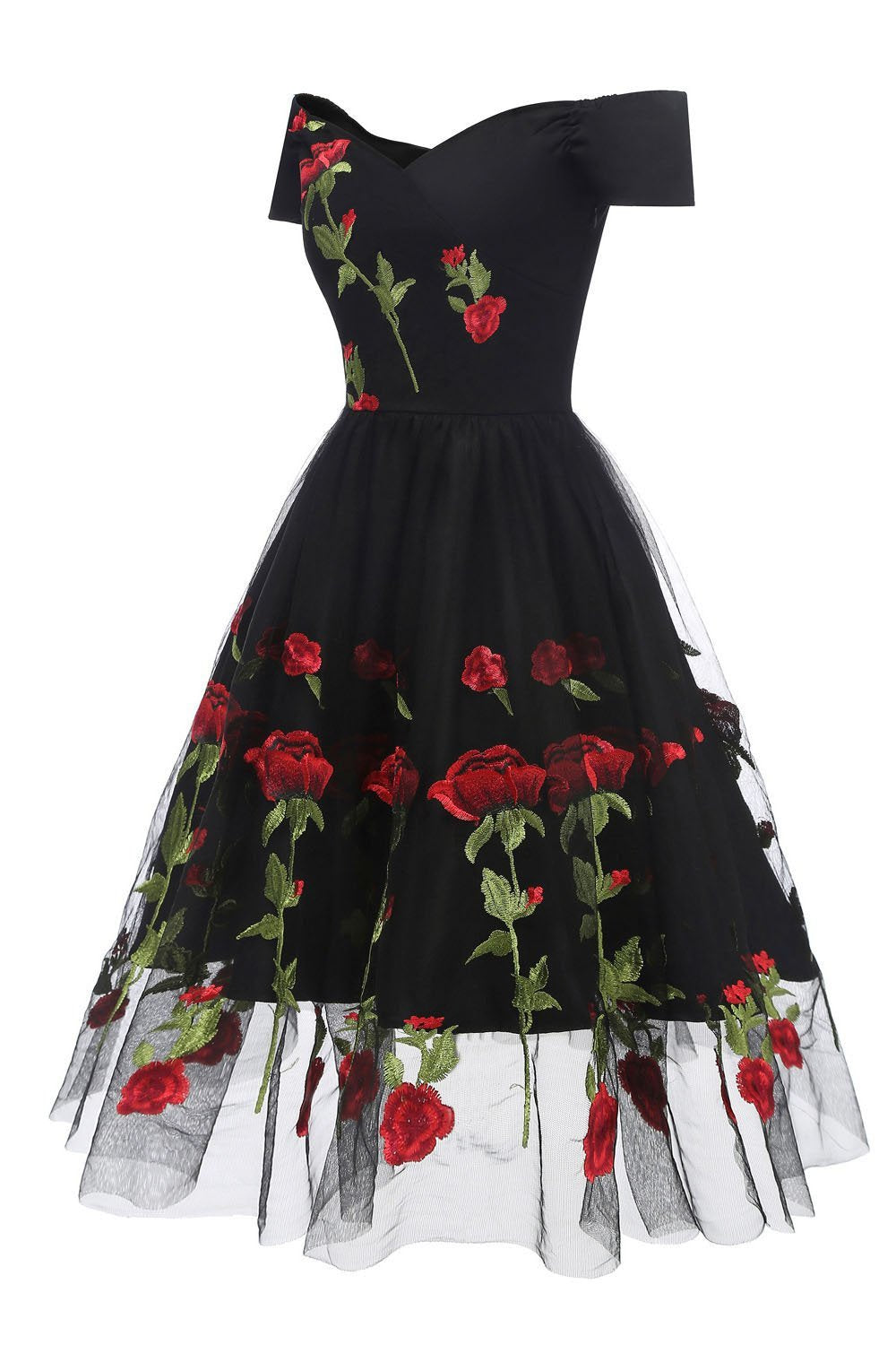 Retro Off the Shoulder V Neck Tulle Black Short Sleeve Party Dress with Red Flowers H1195