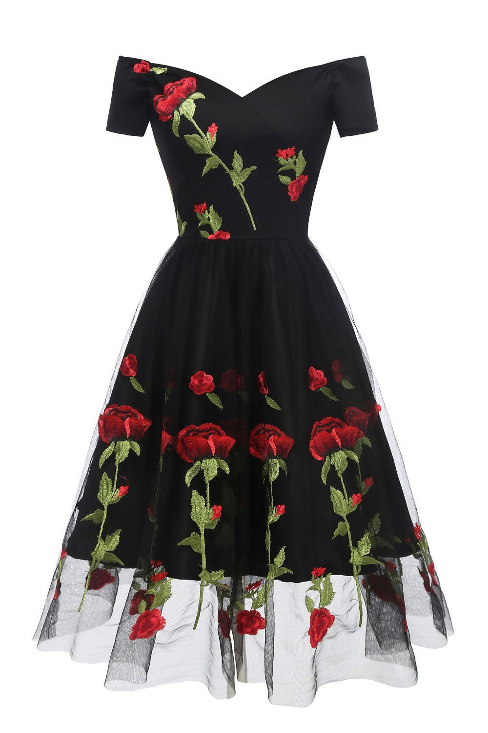 Retro Off the Shoulder V Neck Tulle Black Short Sleeve Party Dress with Red Flowers H1195